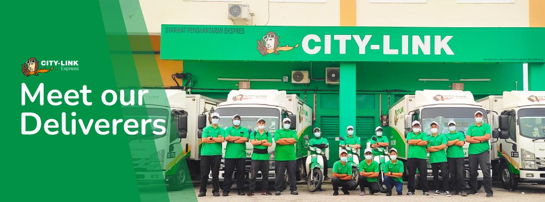 City-Link Express delivery drivers and riders posing with City-Link trucks and motorcycles